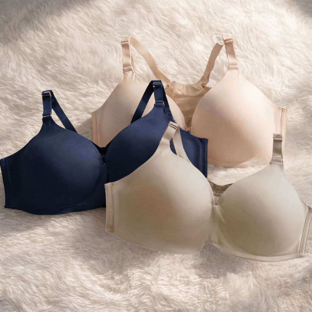 Lot of 3 Soma Bras 42D Navy Nude Beige Vanishing 360 Wireless/Front Close Racer